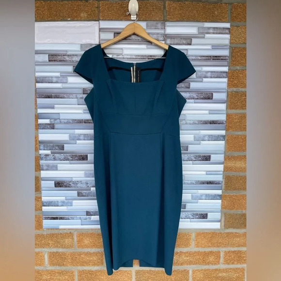 ROLAND MOURET JEDDLER TEAL CREPE CAP SLEEVE DRESS SIZE 14 - Picture 1 of 14